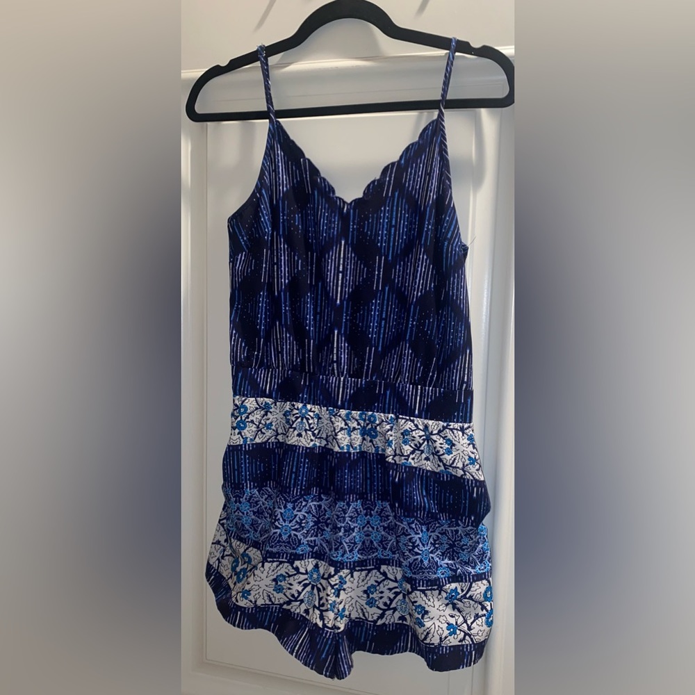 Blue, black & white romper, open back